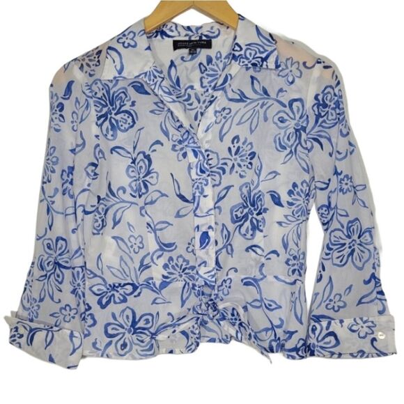 Jones New York Blue and White Flora Button Shirt - Picture 1 of 10